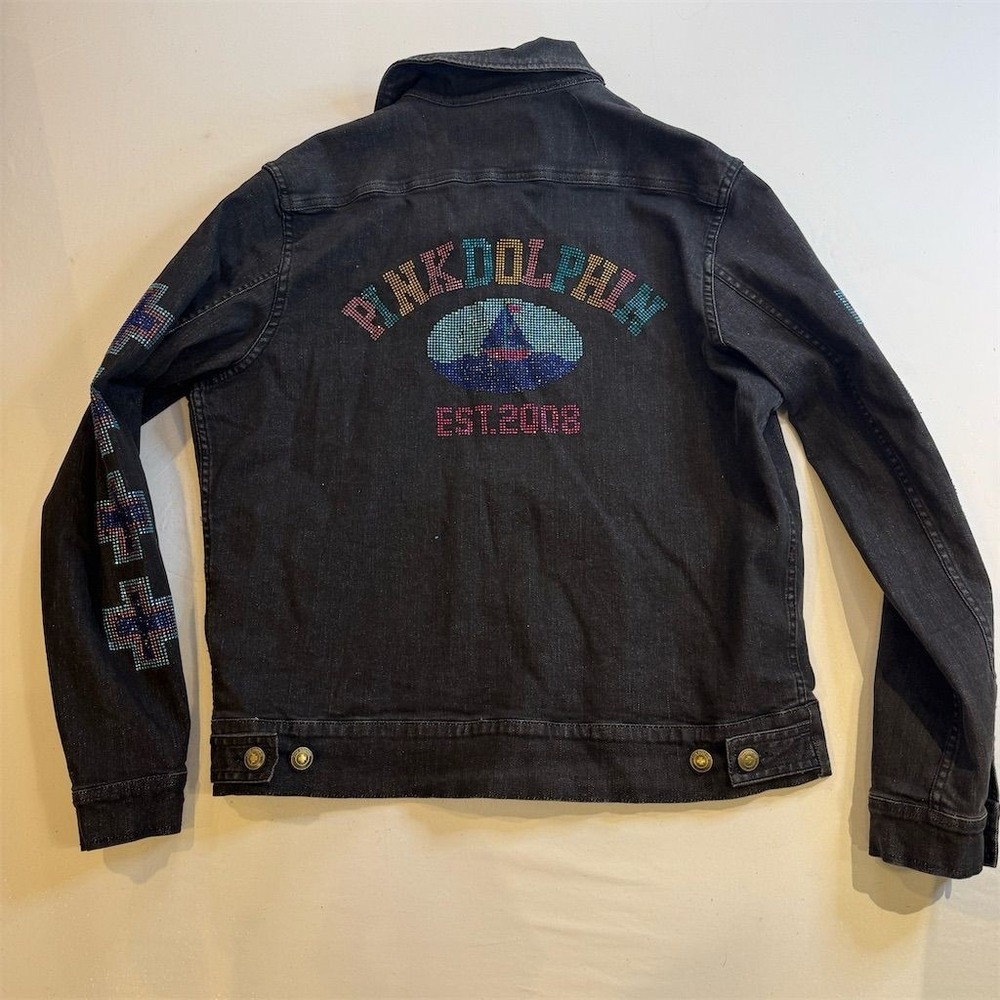 Pink Dolphin Vintage Denim Trucker Jacket‎ Unisex L Blue Rhinestone